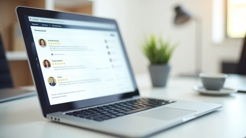 Cartes de témoignages affichées sur un ordinateur portable avec étoiles et avatars de clients